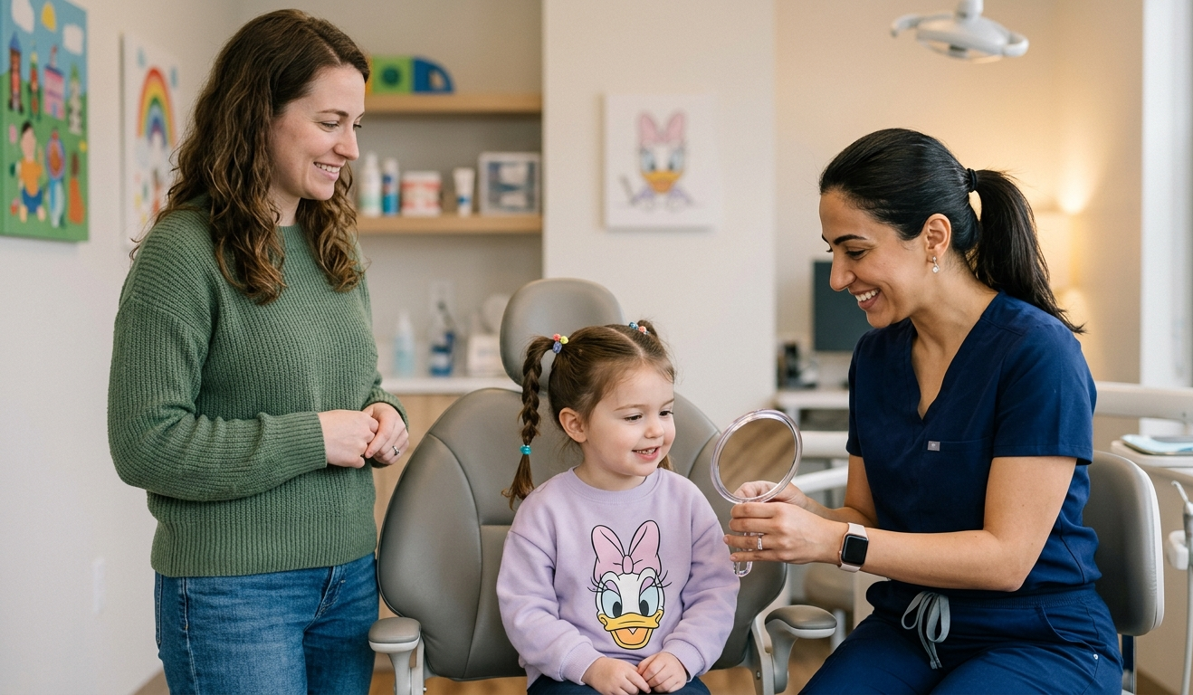 Dentist gently treating a young child patient